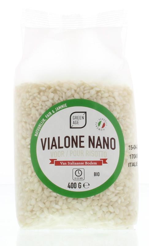 Greenage organic risotto rice in a 400g package, showcasing fresh, green rice grains used for making risotto dishes.