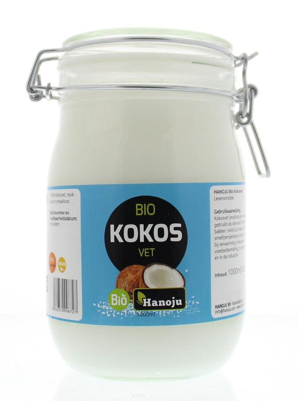 Hanoju biologisch geurloze kokosolie in 1 liter beugelglas, top kwaliteit olie en vetten.