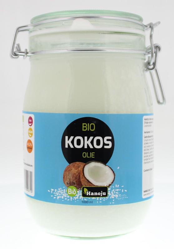 Virgin coconut oil in a glass jar by Hanoju, 1 liter, natural and organic coconut oil for cooking and skincare.