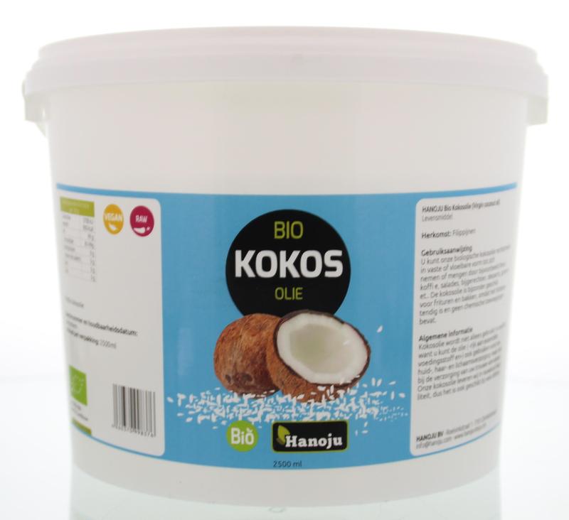 Hanoju virgin organic coconut oil in a 2500ml bottle, showing the clear, golden coconut oil inside the container.