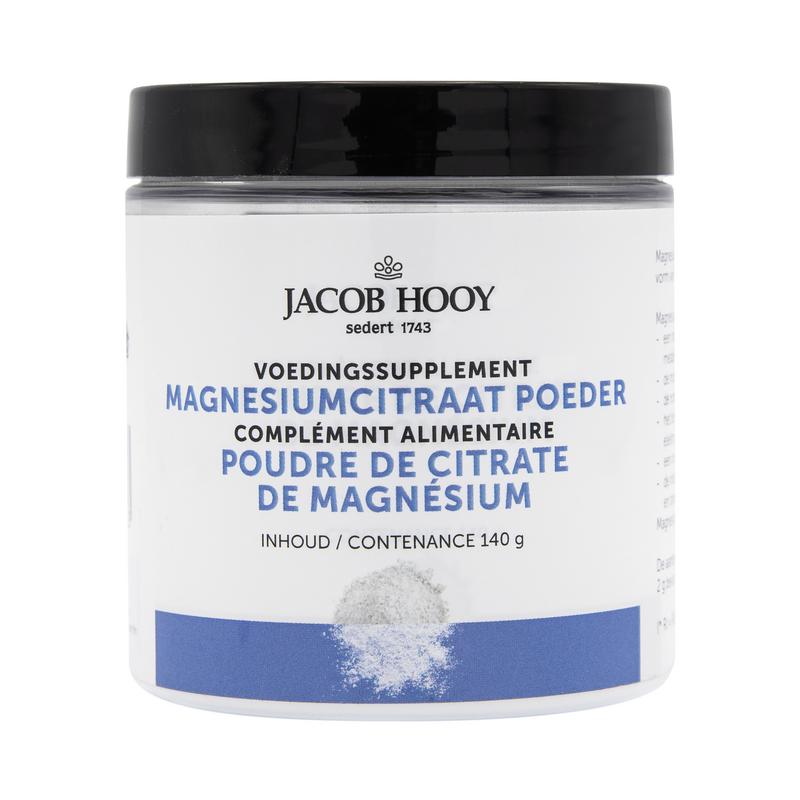 Jacob Hooy Magnesiumcitraat mineral powder in a 140g container, natural supplement with magnesium citrate for health support.