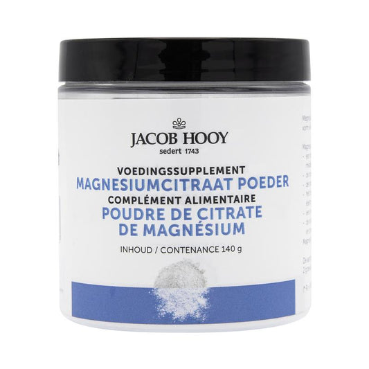 Jacob Hooy Magnesiumcitraat mineral powder in a 140g container, natural supplement with magnesium citrate for health support.