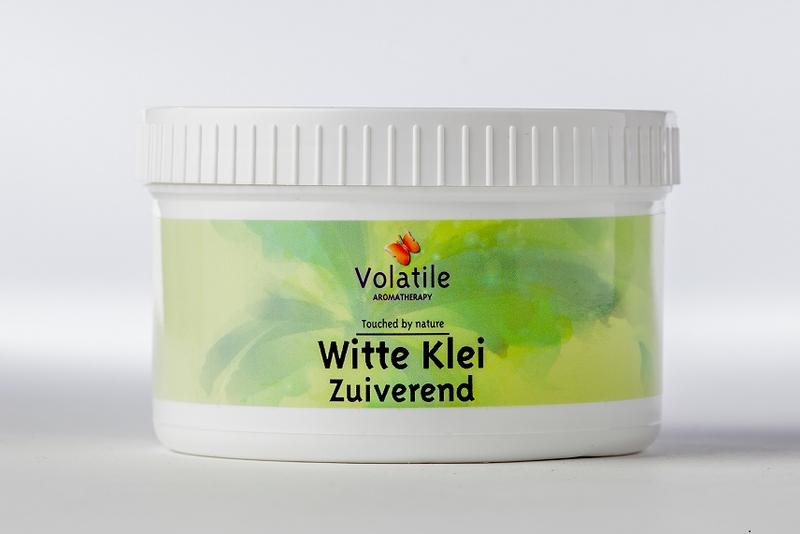 Volatile Witte klei poeder in 150g jar, natural body care product with white clay powder and smooth texture.
