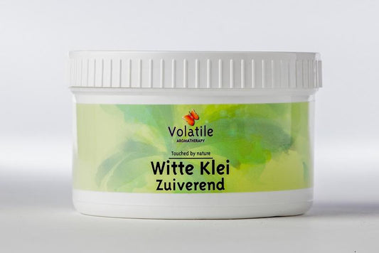 Volatile Witte klei poeder in 150g jar, natural body care product with white clay powder and smooth texture.