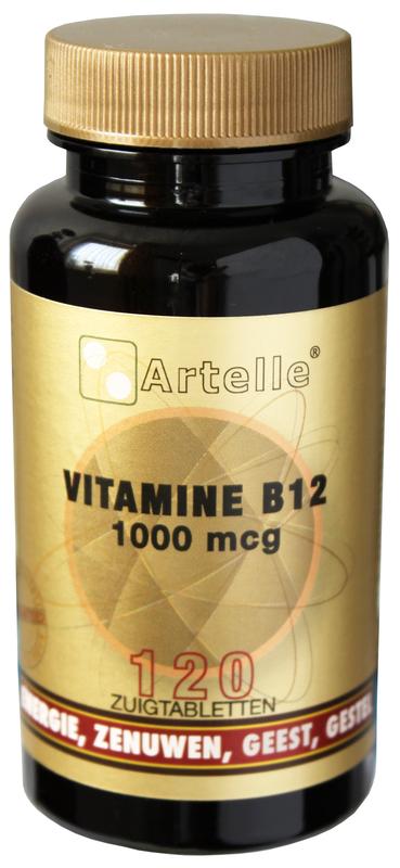 Artelle Vitamin B12 1000mcg lozenges in a bottle, providing daily supplement support with 120 chewable tablets.