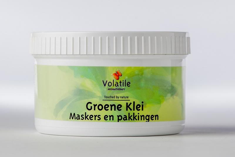 Volatile Groene klei poeder in 150g package, natural body care product with vibrant green clay powder for skincare.
