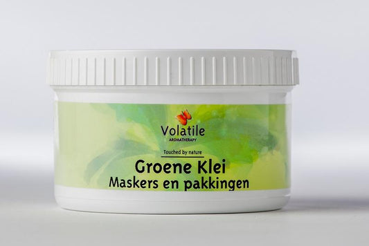 Volatile Groene klei poeder in 150g package, natural body care product with vibrant green clay powder for skincare.
