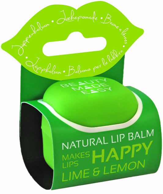Beauty Made Easy lime and lemon lip balm in a 6.8g tube, moisturizing and refreshing lip care product.