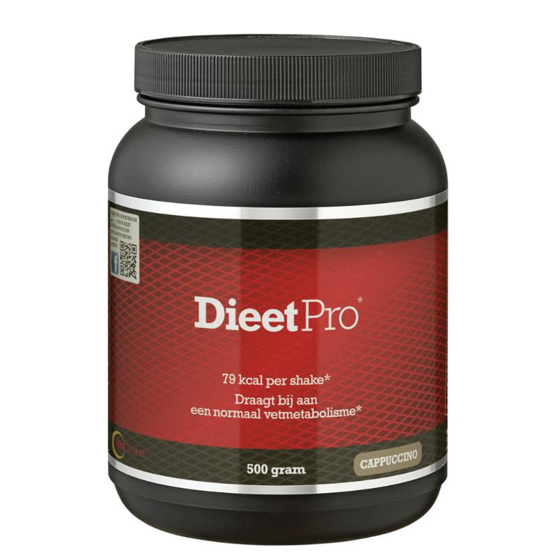 Dieet Pro Cappucino kruidenpreparaat in 500g container, creamy coffee drink mix with herbs and flavoring.
