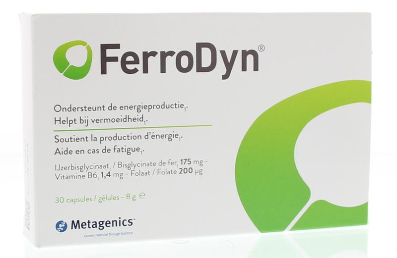 Metagenics Ferrodyn mineral capsules, iron supplement in a white bottle with 30 capsules, designed for mineral and iron support.