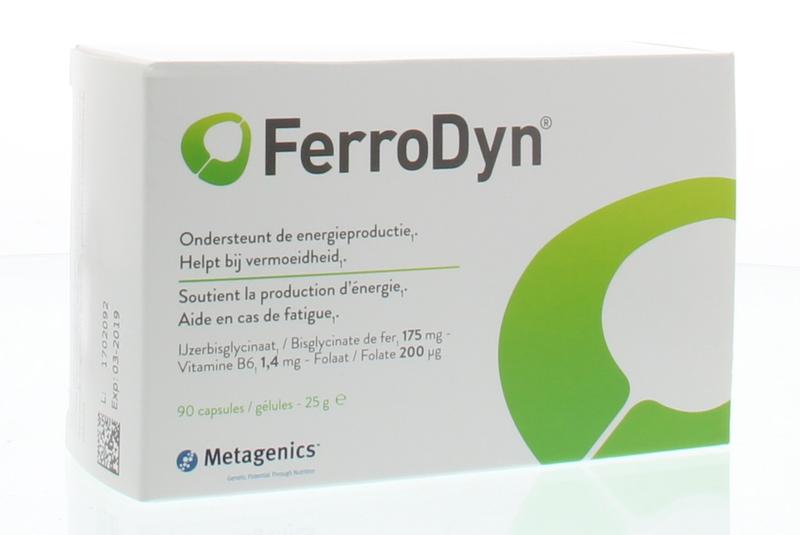 Metagenics Ferrodyn 90 capsules, mineral supplement with iron, shown in a white plastic bottle with capsules inside.