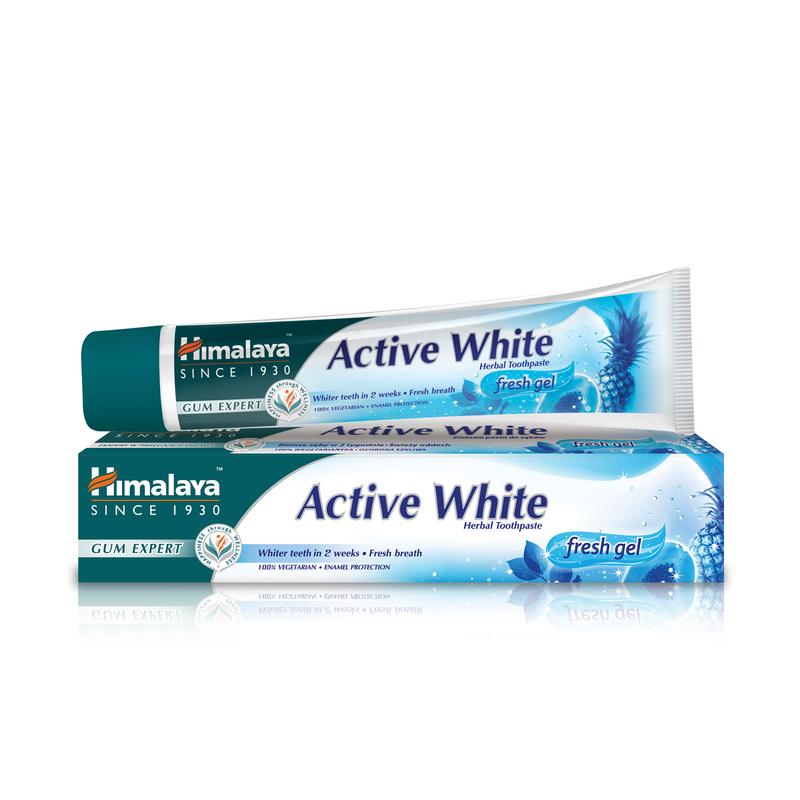 Himalaya Herbal Active White toothpaste in a 75ml tube, featuring natural herbal ingredients for effective teeth whitening.