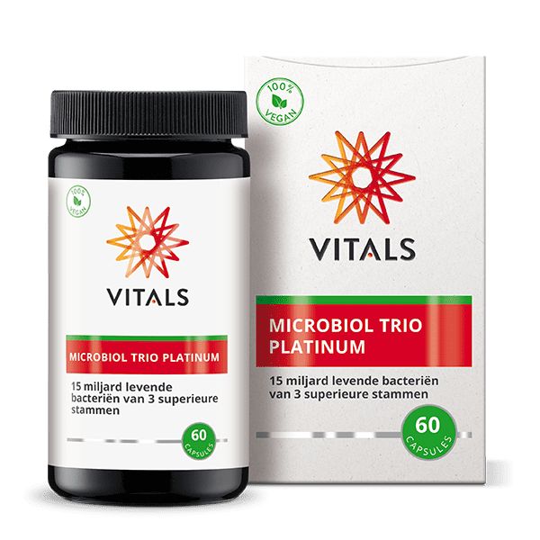 Vitals Microbiol Trio Platinum probiotic supplement with 60 capsules, featuring a blend of beneficial micro-organisms for gut health.