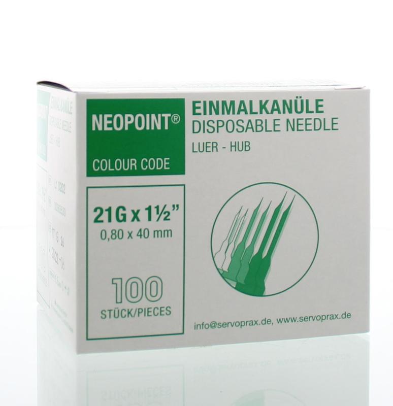 Sterile Neopoint Injectienaald lancetten 0.8 x 40 mm, pack of 100 for blood glucose testing, featuring a sharp, precise needle.