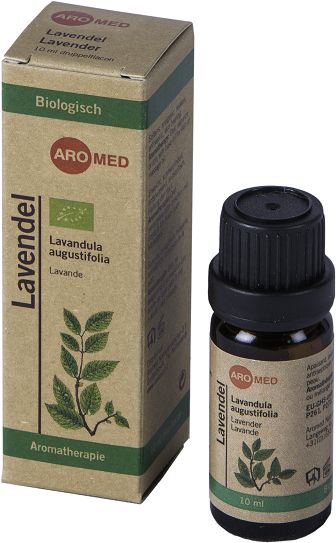 Aromed bio lavender essential oil in a 10ml bottle, natural and pure, suitable for aromatherapy and skincare use.