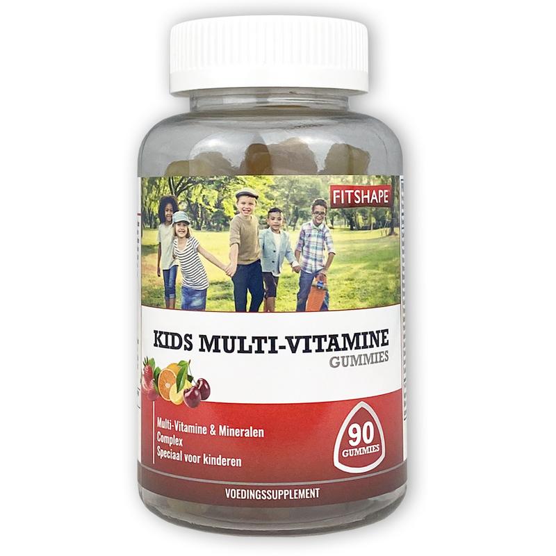 Fitshape Kids multi-vitamin gummies in a jar, colorful and shaped for children, designed to support balanced nutrition and immune health.