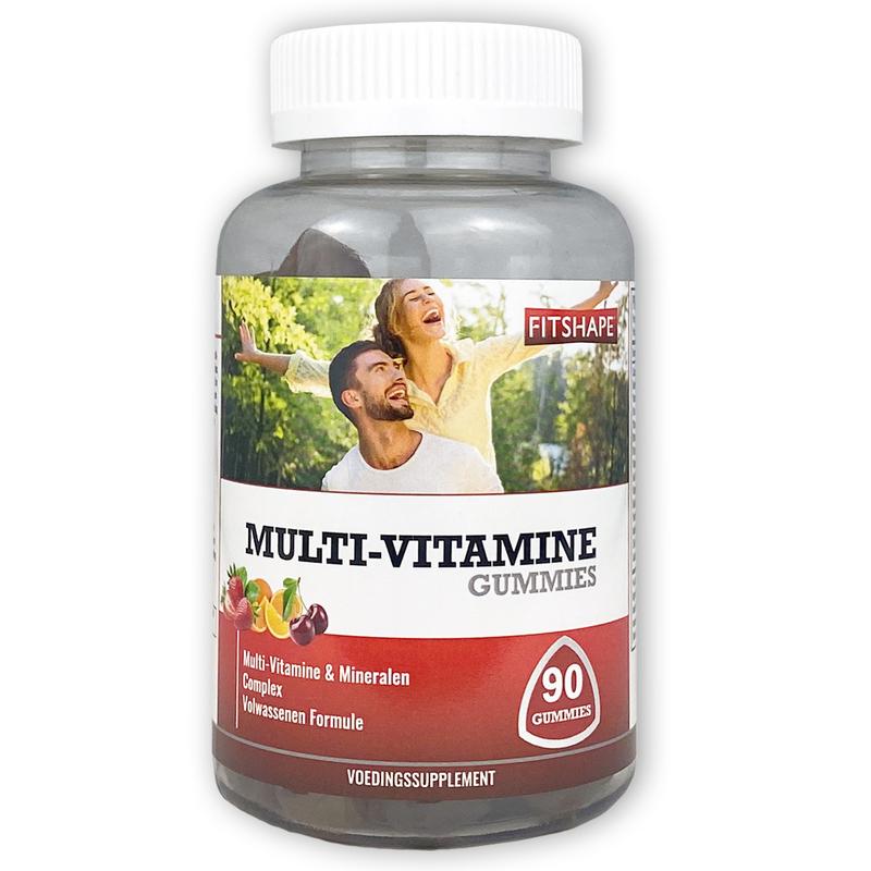Bottle of Fitshape Multi Vitamin Gummies with colorful fruit-flavored gummies in a clear container.