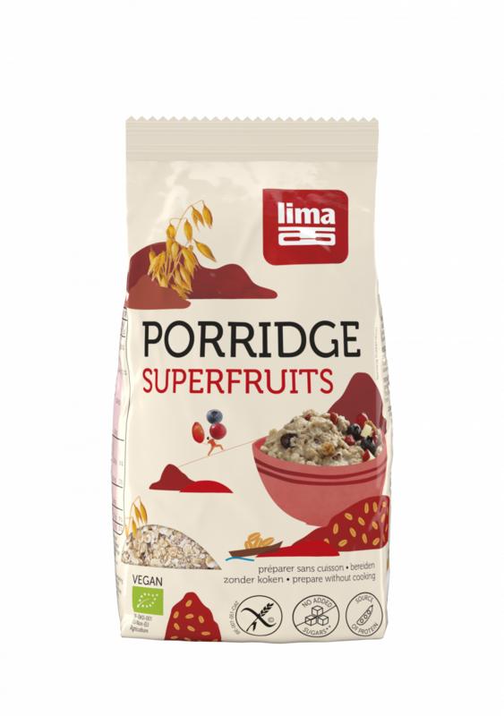 Lima Porridge Express Superfruits bio breakfast cereal in 350g package, with colorful dried fruits and grains visible.