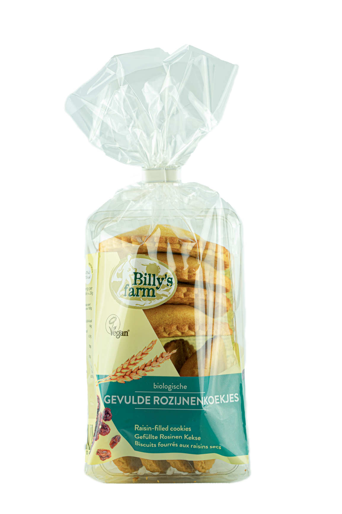 Billy's Farm Rozijnenkoekjes gevuld bio koeken, 200g, showing golden raisins and soft, baked filling in a clear package.