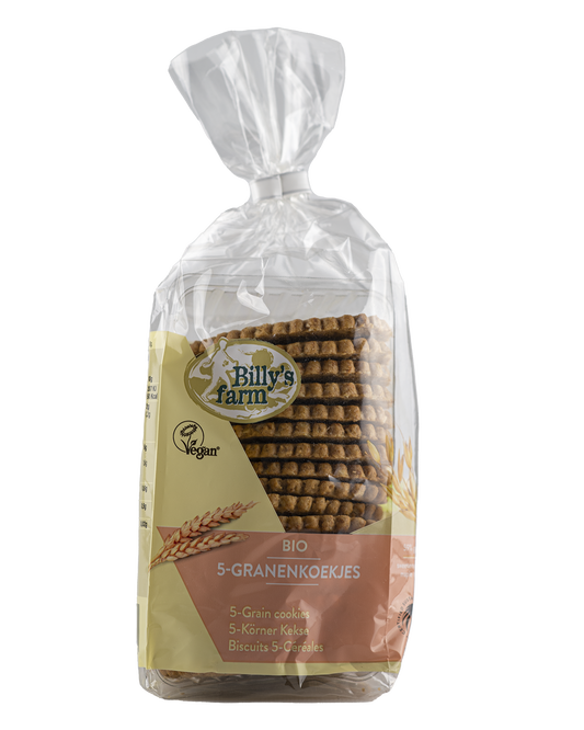 Billy's Farm Granenkoekjes 5 granen bio, natural cookies in a 175g package, with a golden-brown baked appearance.