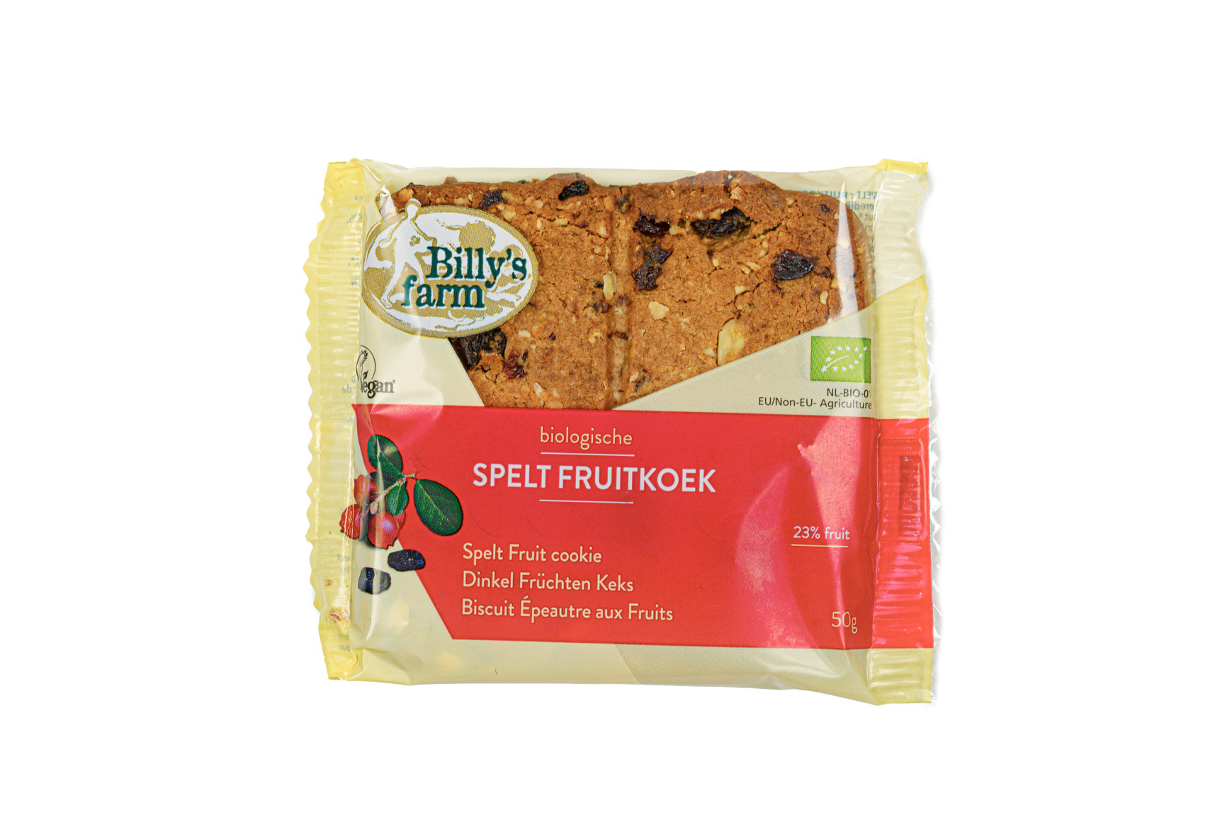 Billy's Farm spelt fruit koek, organic baked cookie with visible dried fruit pieces, 50 grams, natural and wholesome snack.