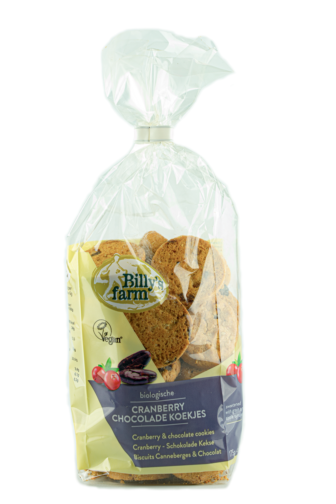 Billy's Farm cranberry choco cookies in a 175g package, featuring crunchy cranberries and chocolate in a natural biscuit.