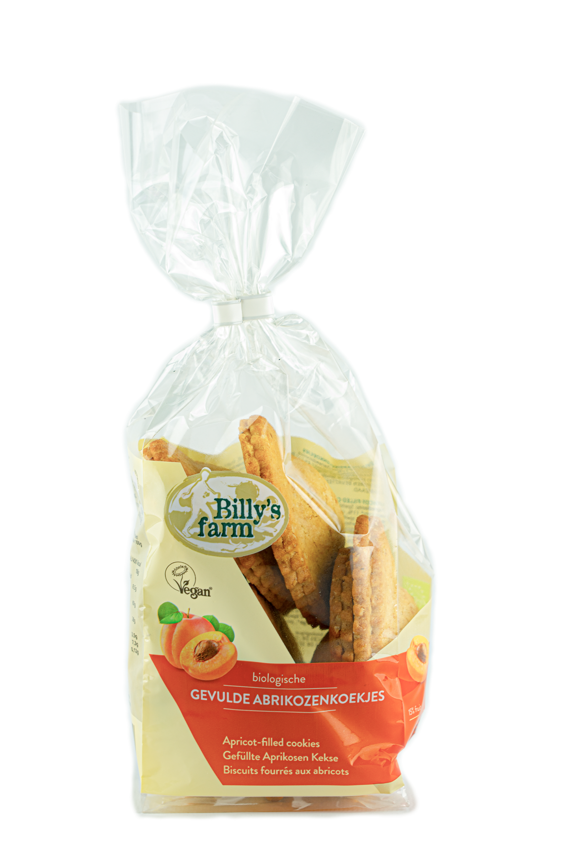 Billy's Farm bio apricot-filled koeken cookie, 200g, showing a golden, filled pastry with apricot jam visible inside.