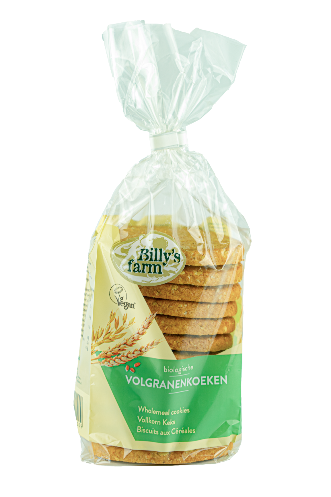 Billy's Farm Volgranenkoeken bio, 250g, showing freshly baked whole grain cookies on a rustic wooden surface.