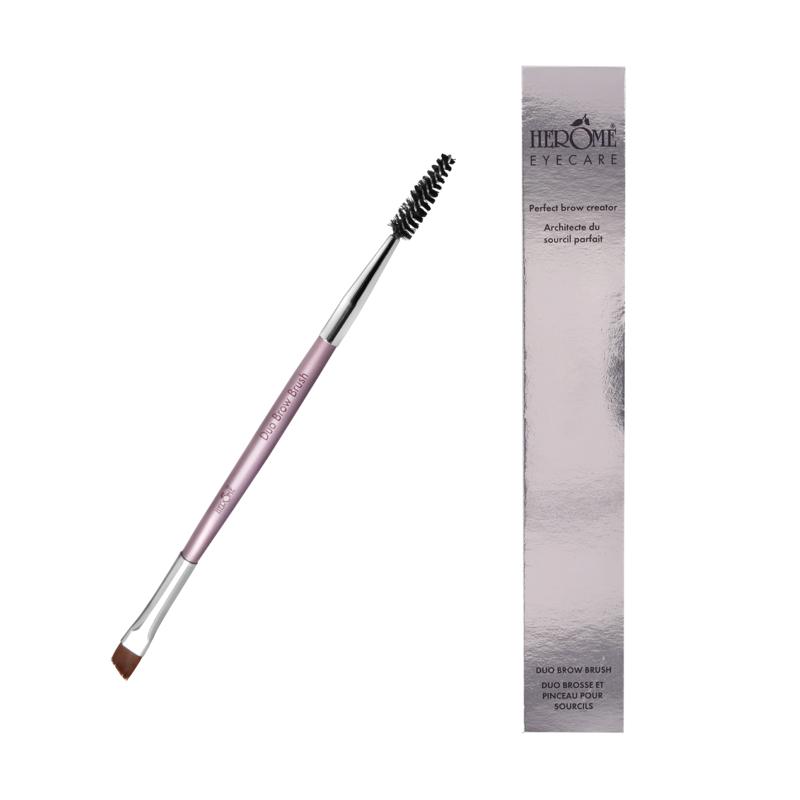 Herome Duo brow brush, makeup tool for grooming eyebrows, with two brush heads, displayed on a neutral background.