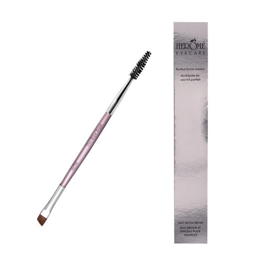 Herome Duo brow brush, makeup tool for grooming eyebrows, with two brush heads, displayed on a neutral background.