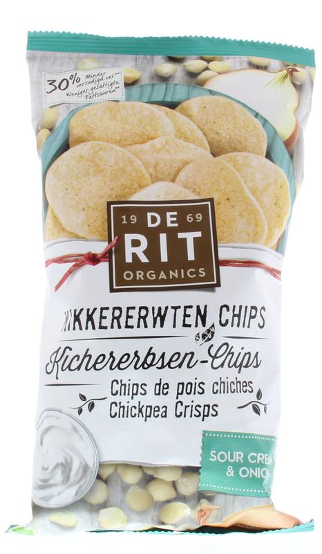 De Rit Kikkererwtenchips sour cream union bio, 75g, in a clear bag showing crunchy chickpea chips with sour cream flavor.