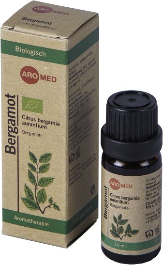 Aromed bio bergamot essential oil in a 10ml glass bottle, showcasing the aromatic citrus fruit for natural aromatherapy use.