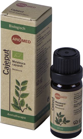 Aromed bio cajeput essential oil in 10ml bottle, natural aromatic etheric oil with green leaves and dropper cap.