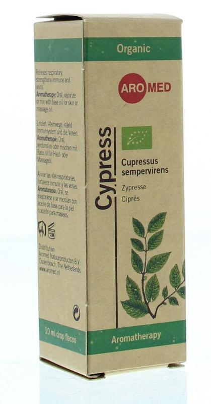 Aromed Cipres organic essential oil bottle, 10ml, with label and cap on a white background.