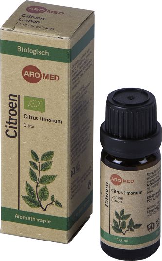 Aromed Citroen bio essential oil bottle, 10ml, with lemon citrus slices and fresh lemons in the background.