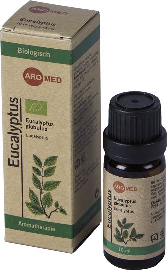 Aromed bio eucalyptus essential oil in a 10ml bottle, natural aromatic oil for relaxation and aromatherapy purposes.