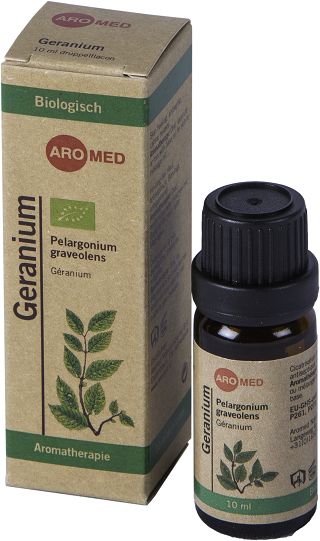 Aromed bio geranium essential oil in a 10ml bottle, natural aromatic oil for skincare and aromatherapy, clear glass container