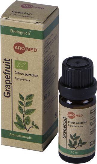 Aromed organic grapefruit essential oil in a 10ml bottle, showcasing the vibrant citrus fruit and clear packaging.