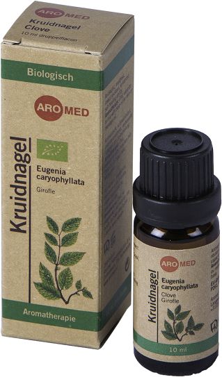 Aromed organic clove essential oil in a 10ml glass bottle, with a dropper cap, showing the label and product packaging.