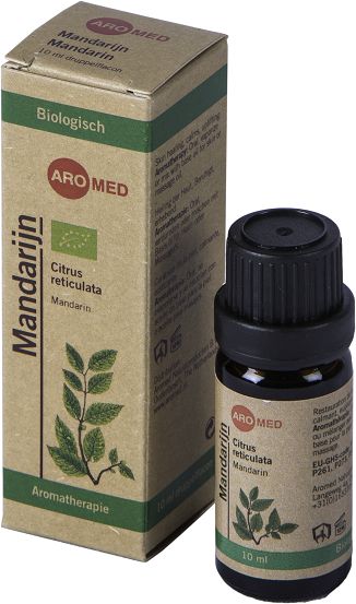 Aromed organic mandarin essential oil in a 10ml bottle, showcasing a clear glass container with a citrus-colored liquid.