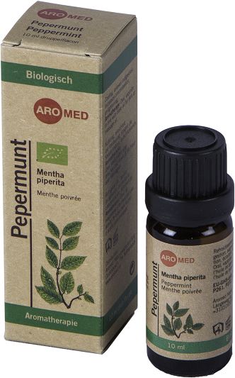 Aromed Bio Pepermunt etherische olie in 10ml bottle, pure peppermint essential oil with fresh green leaves and oil drops