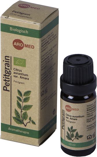 Aromed Petitgrain bio essential oil in 10ml bottle, natural aromatic oil from organic citrus leaves and green branches.