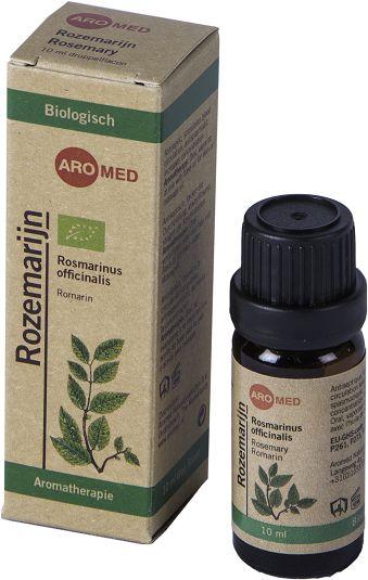 Aromed organic rosemary essential oil in a 10ml bottle, showcasing clear glass container with rosemary sprigs in the background.