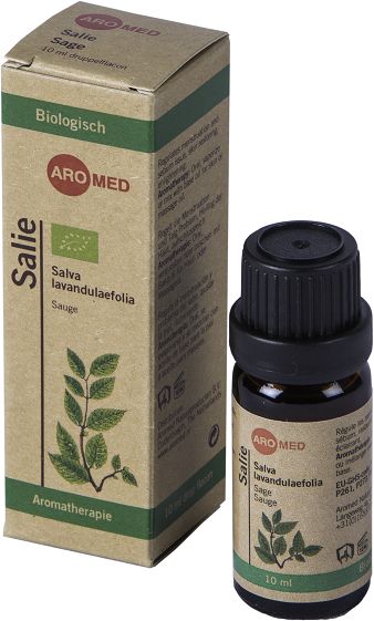 Aromed Bio Salie olie in 10ml bottle, organic essential oil with fresh green leaves and botanical packaging.