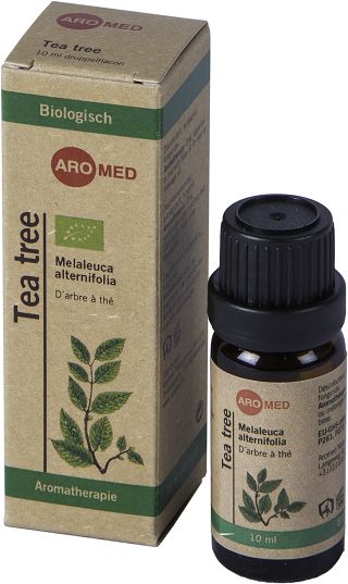 Aromed Bio Tea Tree Oil in a 10ml glass bottle, featuring a green label and droplet cap, for natural essential oil use.