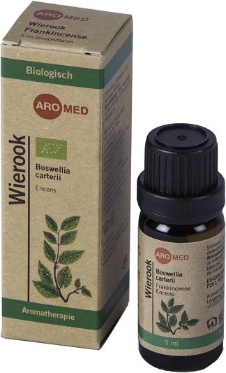 Aromed bio essential oil bottle labeled "Wierook" with 5ml capacity, natural etherische oliën product in clear glass container