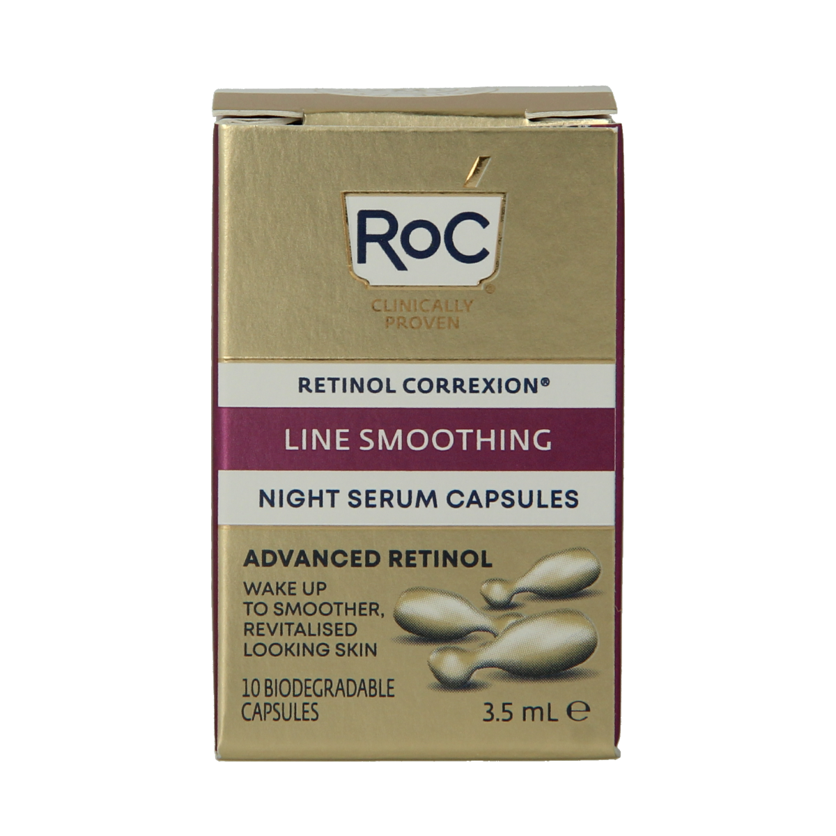 ROC Retinol CorreXion Night Serum capsules for facial skincare, featuring smooth, anti-aging formula in individual capsules.