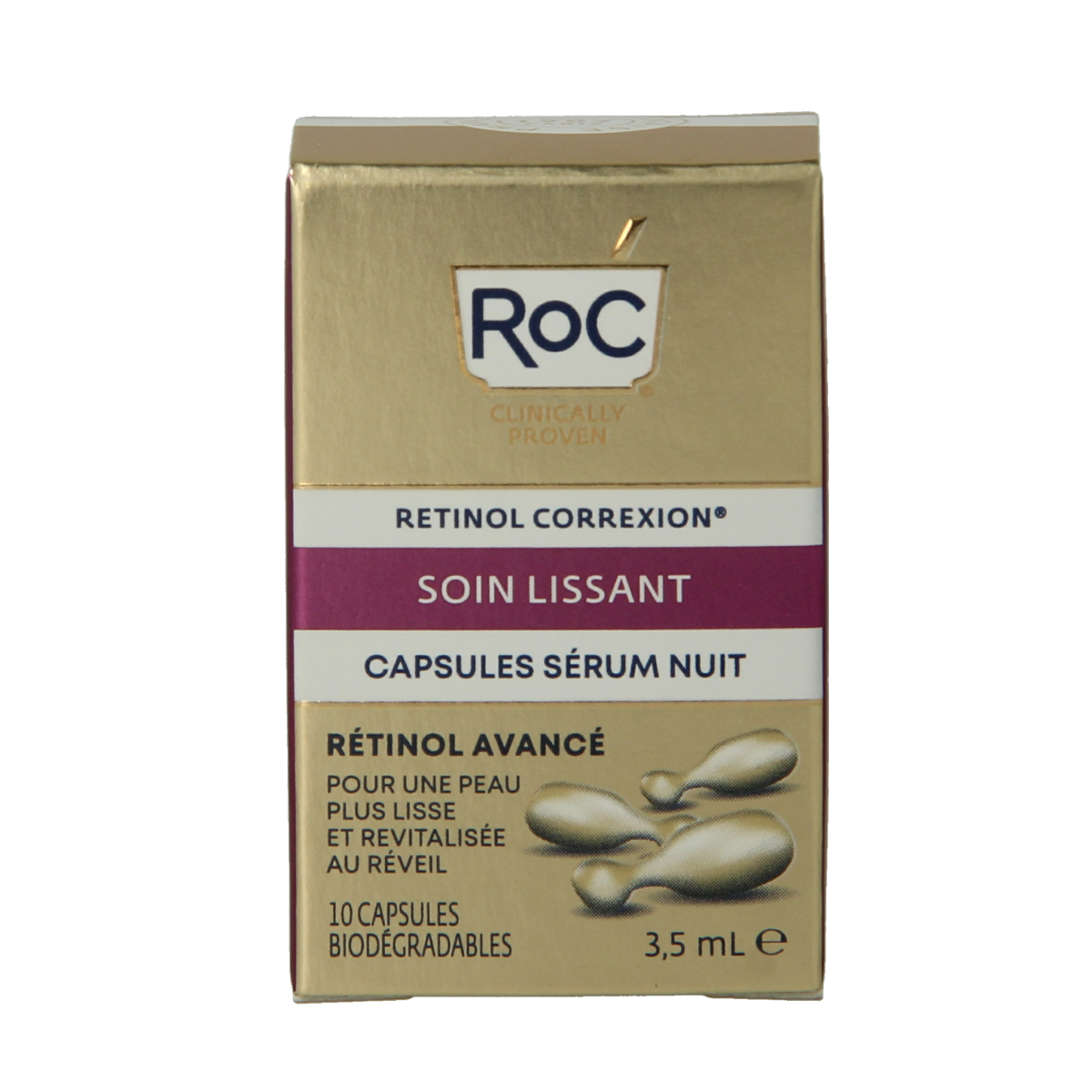 ROC Retinol CorreXion Night Serum capsules for facial skincare, featuring 10 capsules for smoothing and anti-aging benefits.