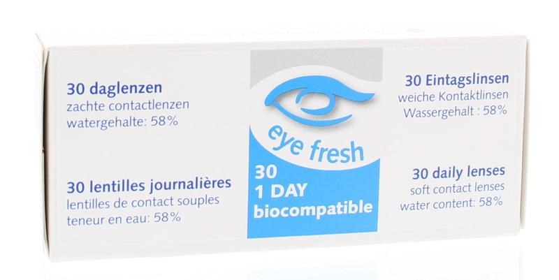 Eyefresh Daglenzen -1.00 contact lenses in a box, 30 pairs, for vision correction, displayed on a plain background.