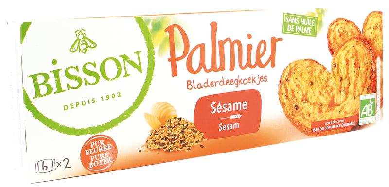Bisson Palmier bladerdeegkoekjes sesam bio, 100g, close-up of flaky, golden sesame-flavored cookies on a white background.